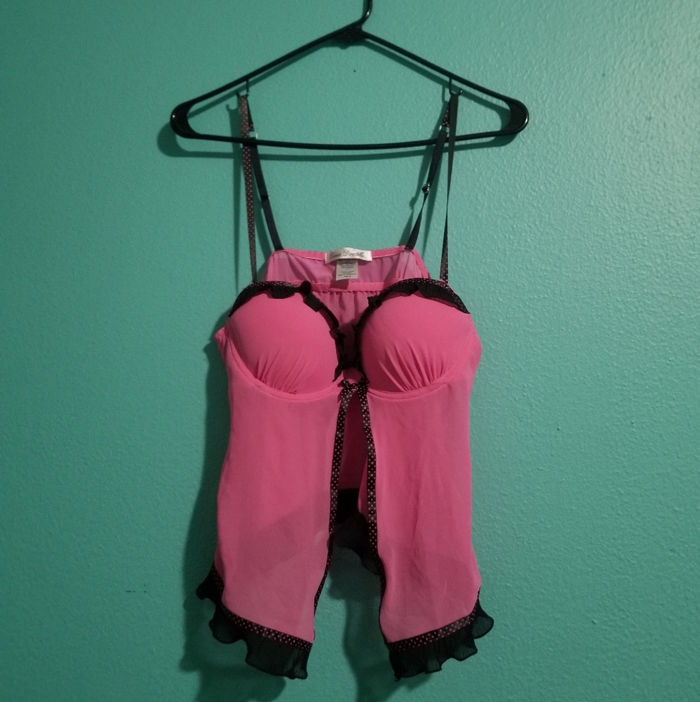 Y2K baby pink polkadot bustee cami top with black